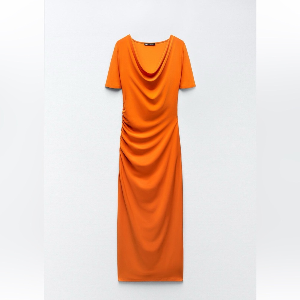 Zara Orange Cowl Neck Ruched Midi Dress